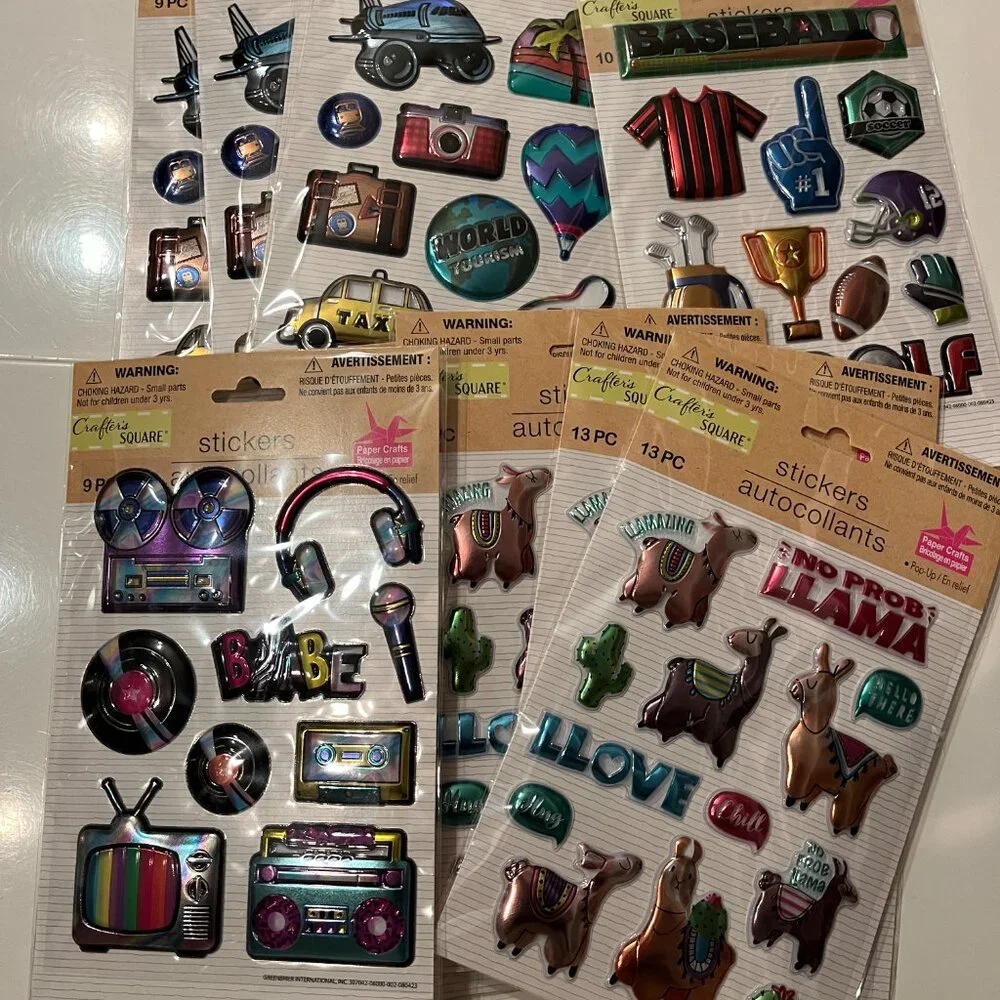 Metallic Puffy Stickers (10 Packs) Llamas,‎ Trave,l 80s, Sports (NEW)
